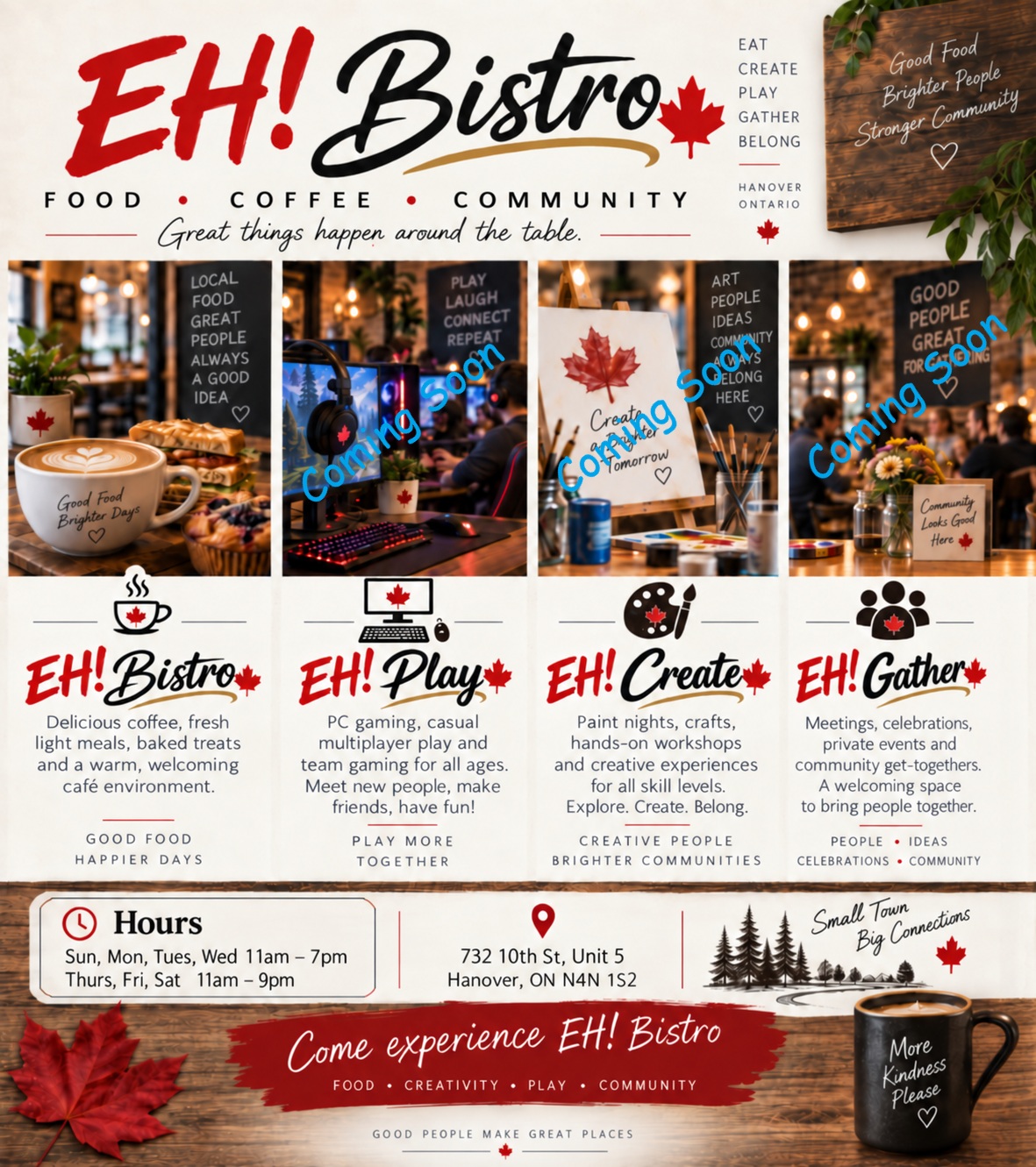 EH! Bistro overview featuring Bistro, Play, Create and Gather