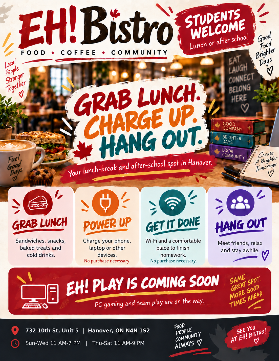 EH! Bistro student flyer for lunch, charging, Wi-Fi, homework and the coming EH! Play tech lounge